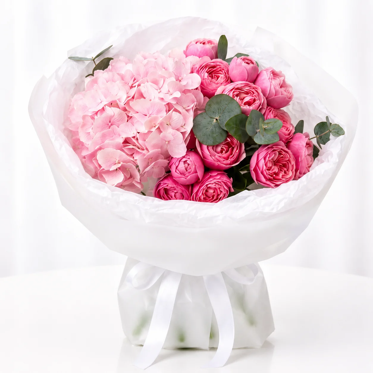 Silva Blush Harmony – 3 Pink Peony Roses & Pink Hydrangea Bouquet-2